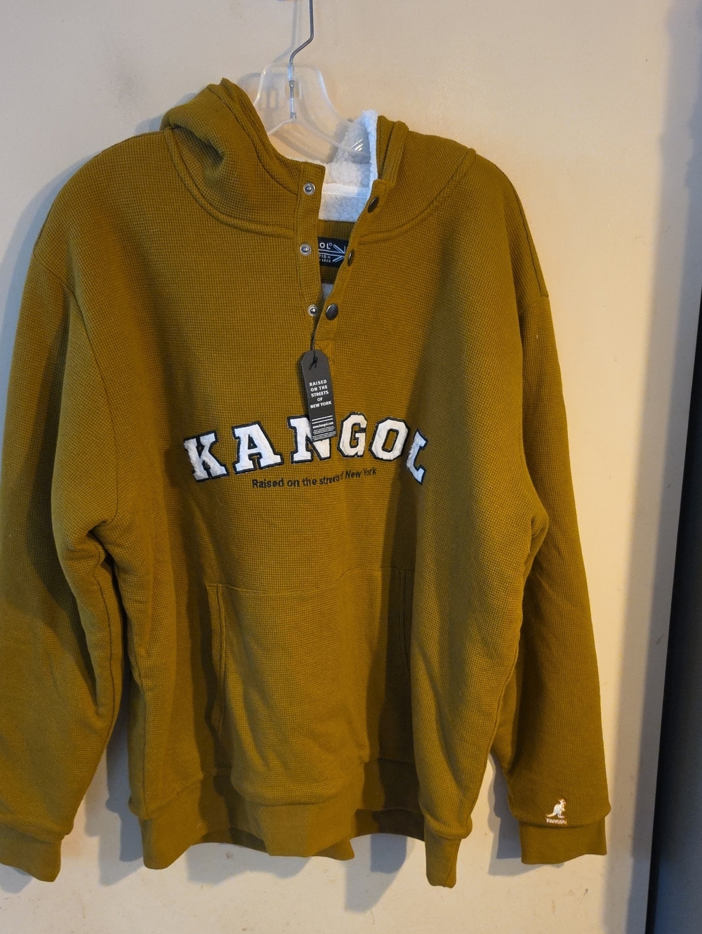 Kangol Men's Crewneck Thermal Henley  Hooded Sweater in Mustard XL NWT